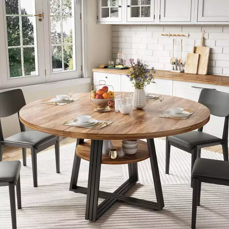 Table à manger ronde de 47 pouces avec étagère de rangement, base en métal, peut accueillir 4 à 6 personnes, pour cuisine ou salle à manger