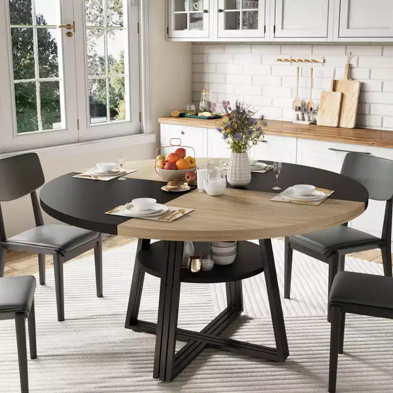 Table à manger ronde de 47 pouces avec étagère de rangement, base en métal, peut accueillir 4 à 6 personnes, pour cuisine ou salle à manger