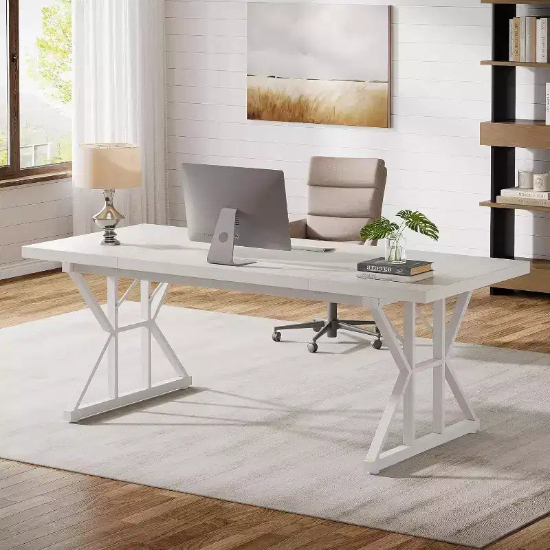 Lantine 70.86-Inch Large Executive Desk, Industrial Home Office Computer Desk, Simple Long Writing Study Table Business Furniture (White)