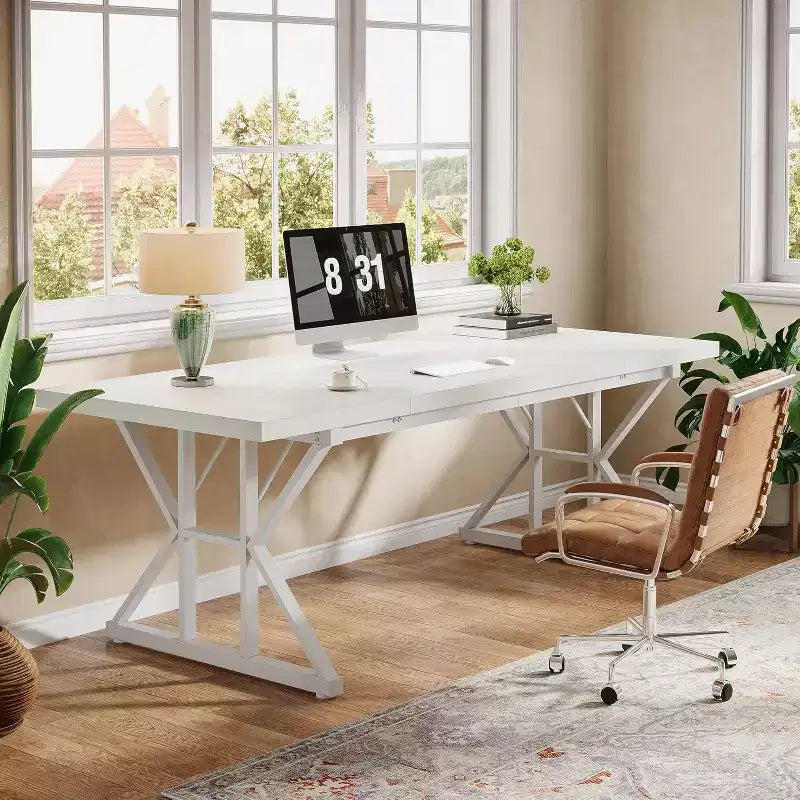 Grand bureau de direction de 180 cm, bureau d'ordinateur industriel pour la maison, longue table d'étude simple, mobilier de bureau (blanc)