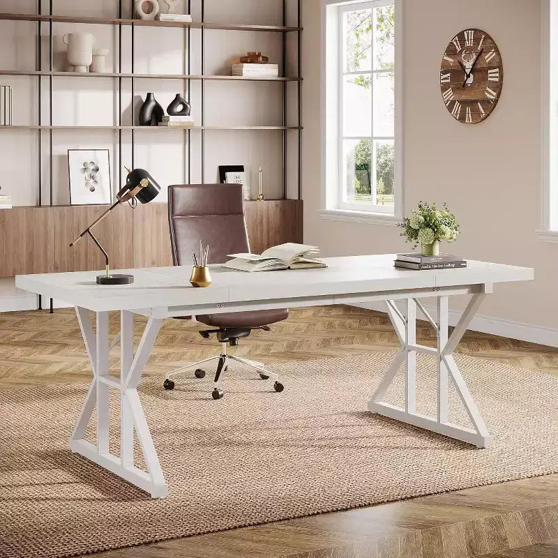 Grand bureau de direction de 180 cm, bureau d'ordinateur industriel pour la maison, longue table d'étude simple, mobilier de bureau (blanc)