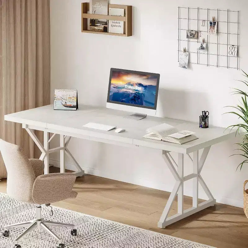 Grand bureau de direction de 180 cm, bureau d'ordinateur industriel pour la maison, longue table d'étude simple, mobilier de bureau (blanc)