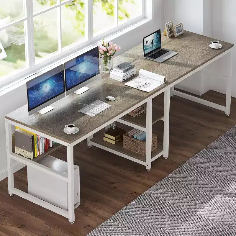 Lantine 78.7-Inch Two Person Desk with Bookshelf, Computer Office Double Desk and Writing Workstation for Home Office, Gray/White