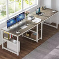 Lantine 78.7-Inch Two Person Desk with Bookshelf, Computer Office Double Desk and Writing Workstation for Home Office, Gray/White