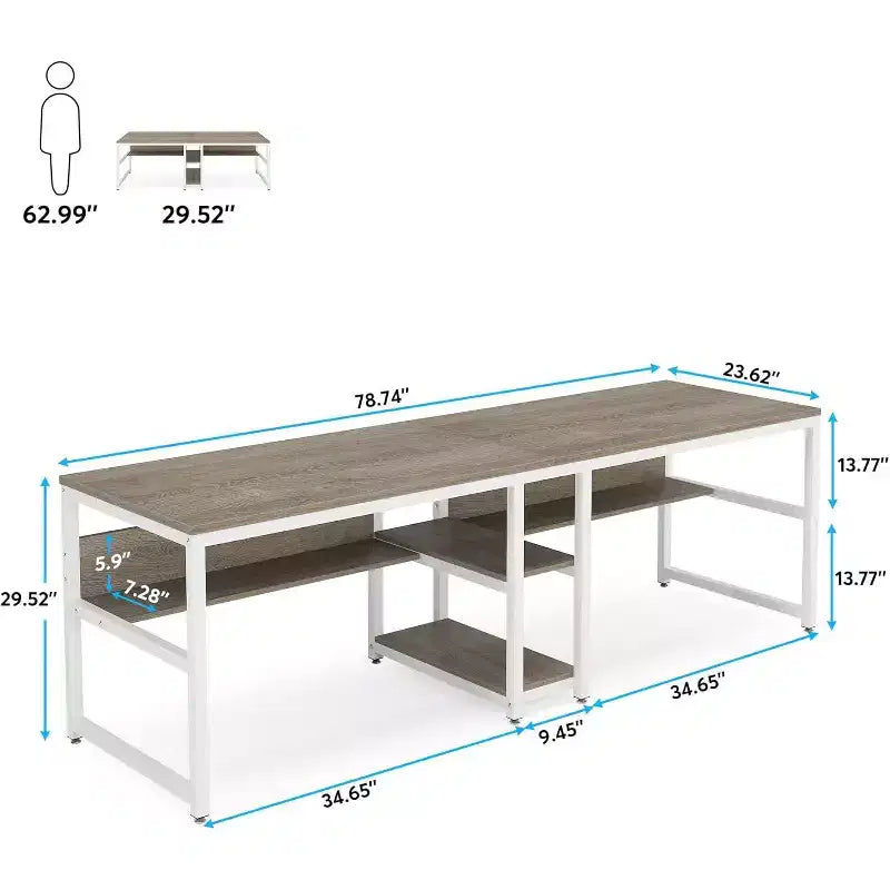 Bureau deux personnes de 199,9 cm avec étagère, double bureau d'ordinateur et poste de travail pour bureau à domicile, gris/blanc