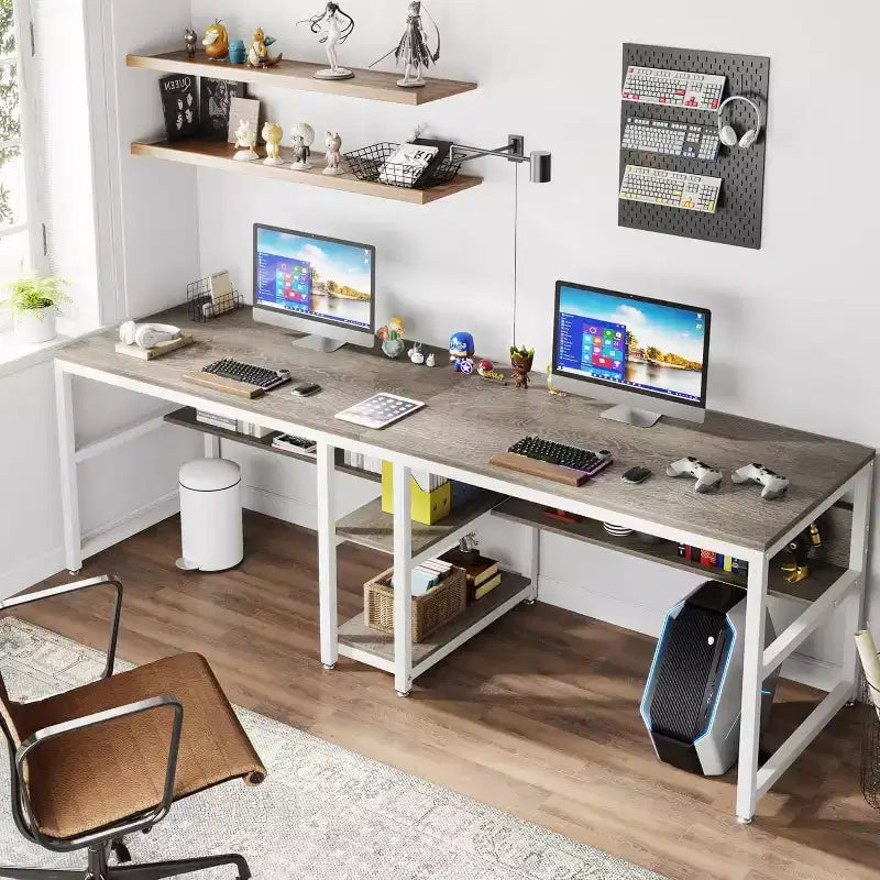 Bureau deux personnes de 199,9 cm avec étagère, double bureau d'ordinateur et poste de travail pour bureau à domicile, gris/blanc