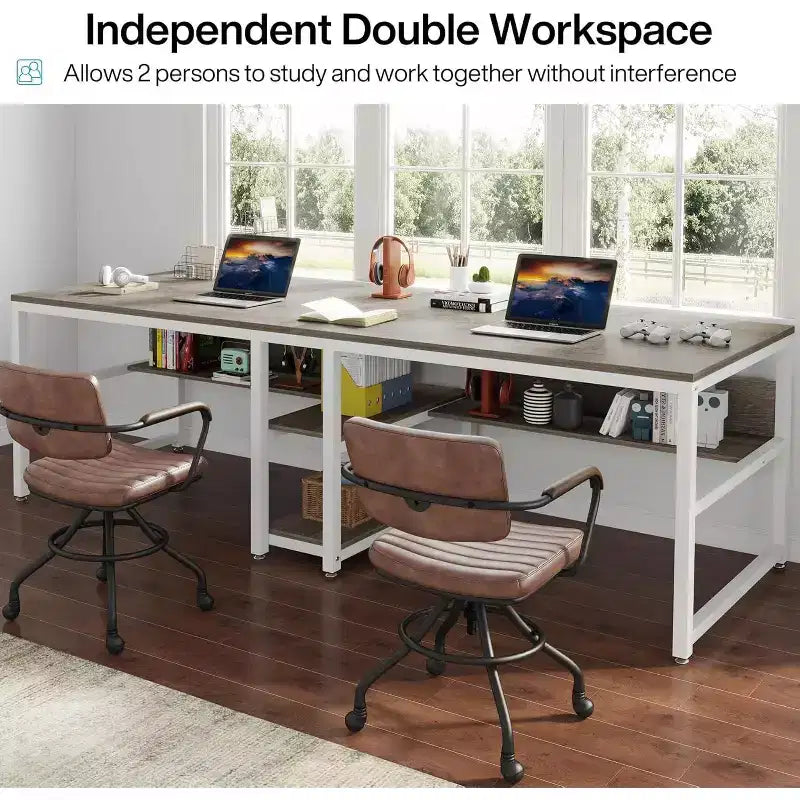 Bureau deux personnes de 199,9 cm avec étagère, double bureau d'ordinateur et poste de travail pour bureau à domicile, gris/blanc