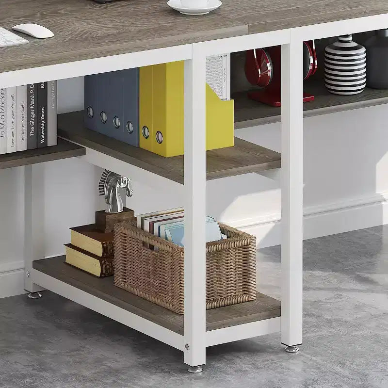 Bureau deux personnes de 199,9 cm avec étagère, double bureau d'ordinateur et poste de travail pour bureau à domicile, gris/blanc