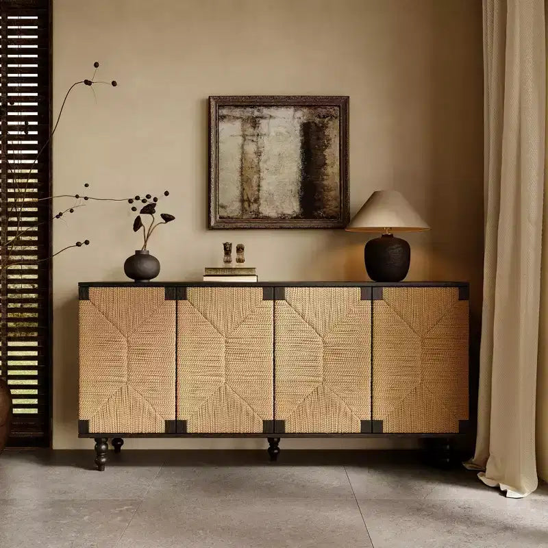 JVNOXK TV console with storage, featuring wire-brushed and seagrass-patterned doors, ideal for dining rooms. Natural
