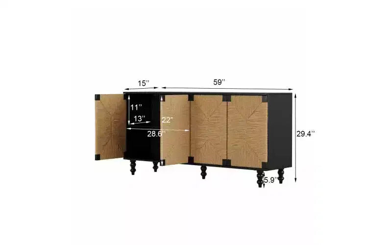 Meuble TV console avec rangement, doté de portes en brossé-métal et motif jonc de mer, idéal pour les salles à manger. Naturel