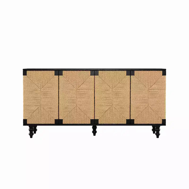 Meuble TV console avec rangement, doté de portes en brossé-métal et motif jonc de mer, idéal pour les salles à manger. Naturel