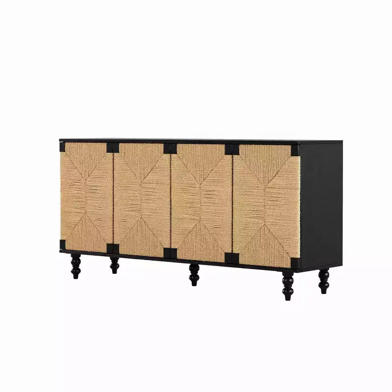 Meuble TV console avec rangement, doté de portes en brossé-métal et motif jonc de mer, idéal pour les salles à manger. Naturel