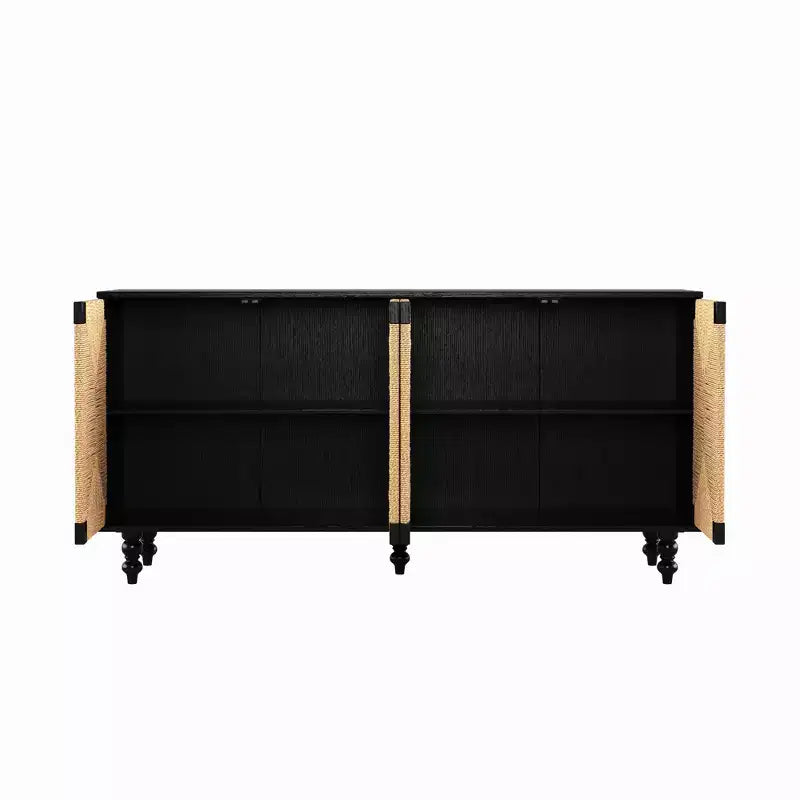 Meuble TV console avec rangement, doté de portes en brossé-métal et motif jonc de mer, idéal pour les salles à manger. Naturel