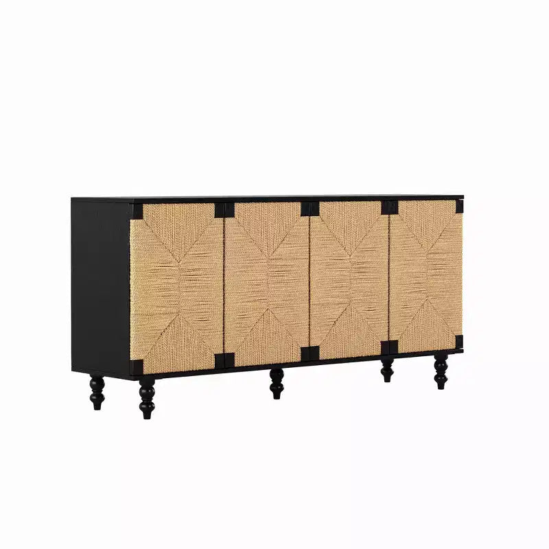 Meuble TV console avec rangement, doté de portes en brossé-métal et motif jonc de mer, idéal pour les salles à manger. Naturel