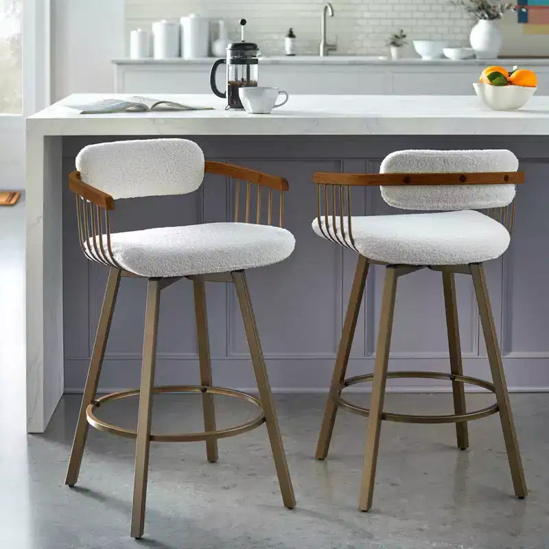 Tabouret de bar pivotant hauteur comptoir Blanc/Or antique : Tissu bouclé, Structure en métal, Fixe 68,5 cm